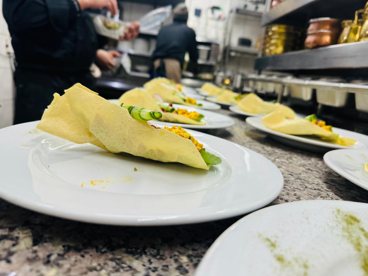 Papad cones plated in the kitchen