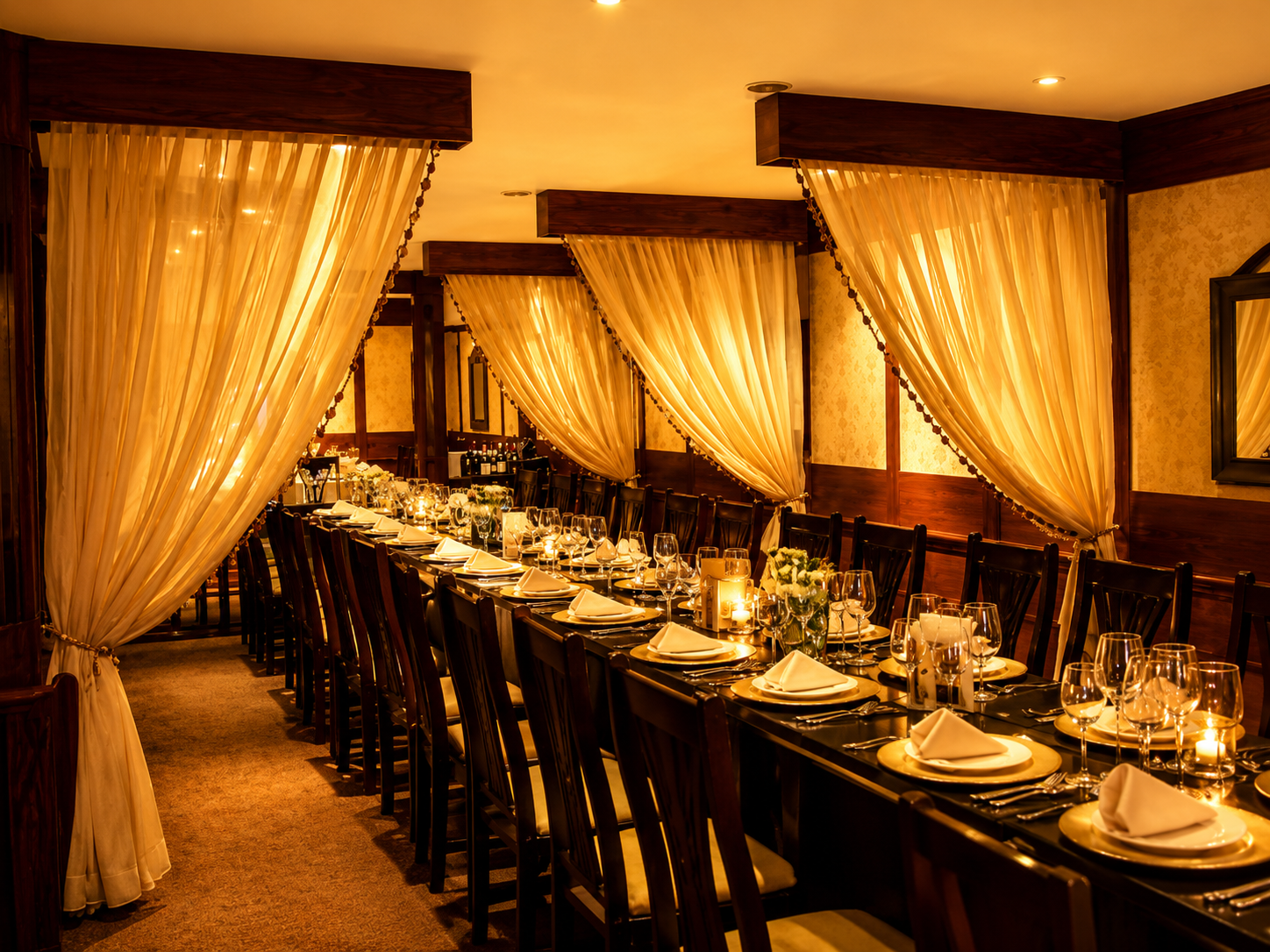 Private dining room with golden curtains