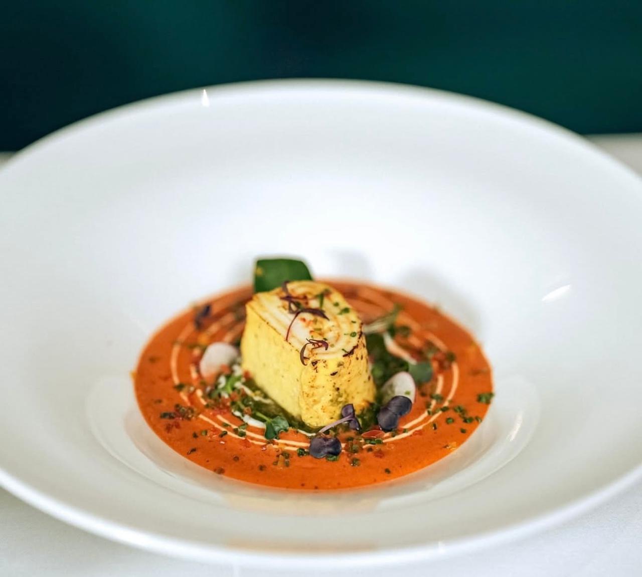Saffron paneer mille-feuille on tomato gravy