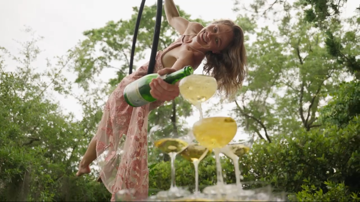 Aerial champagne pour at venue
