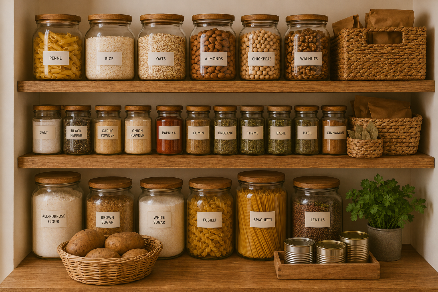 Well-stocked pantry with flour, pasta, rice and spices