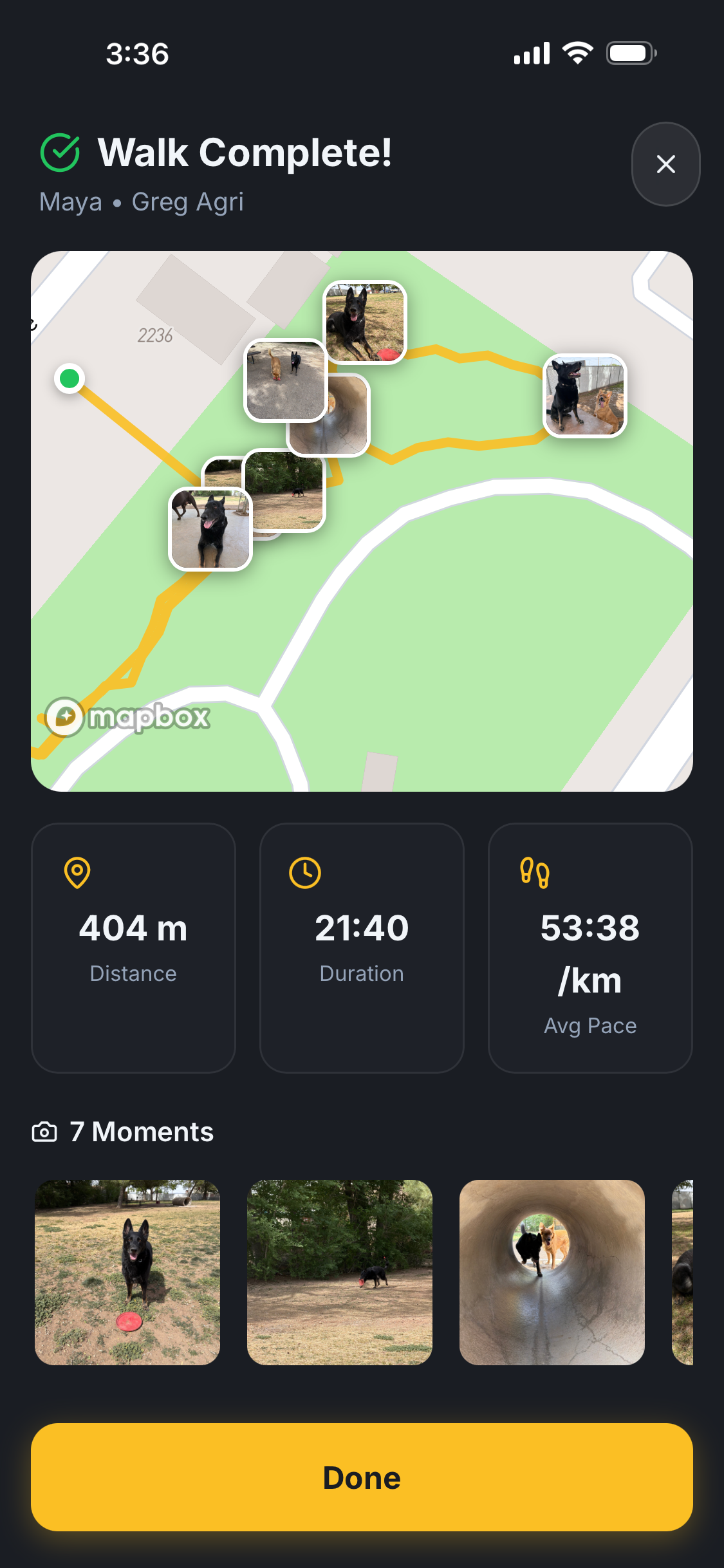 KasPaws walk complete — real walk tracking with map, distance, duration, and photo moments