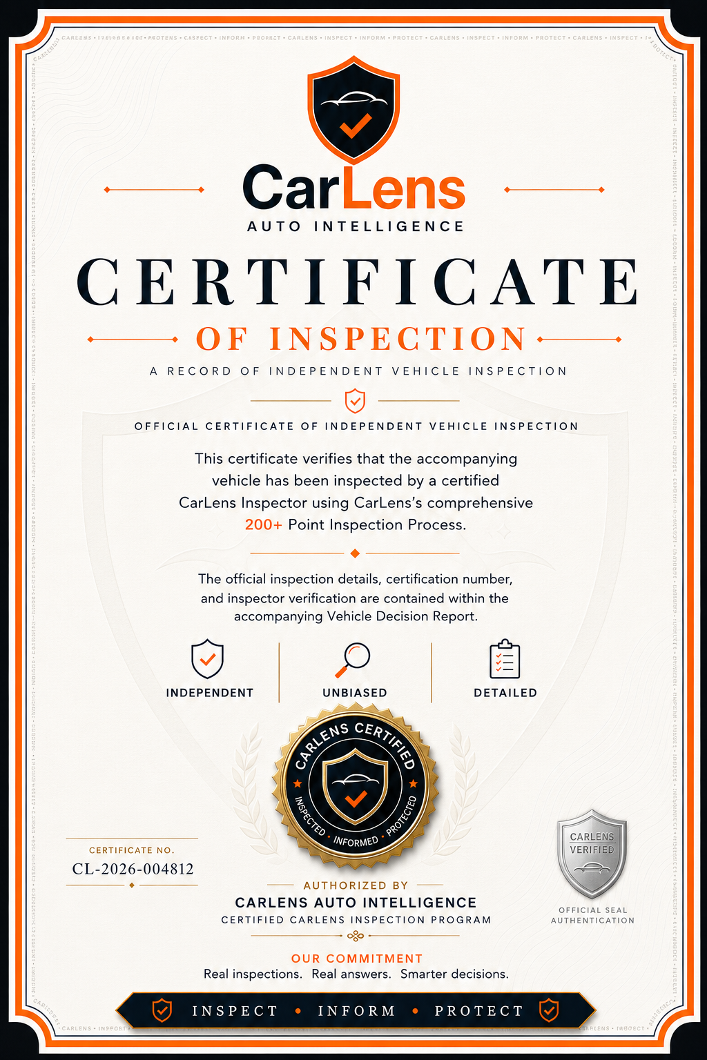 CarLens Certificate of Inspection