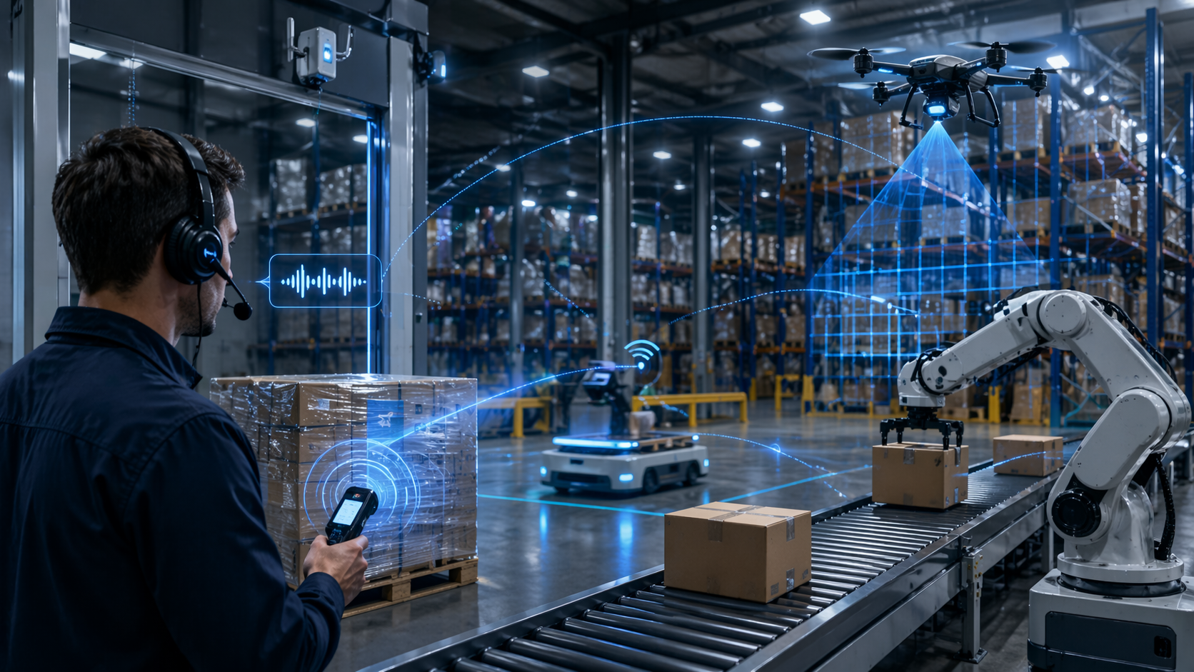 SmartWarehouse Tech: warehouse operator with voice headset, RFID tracking, autonomous robot, robotic arm on conveyor, and drone scanning