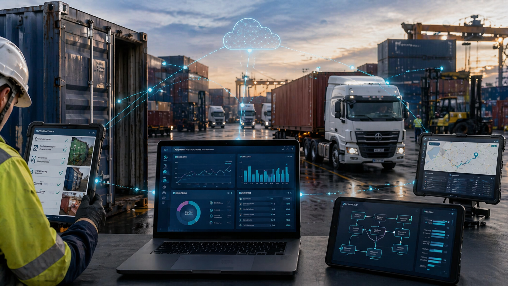 SmartIntegrations: connected ecosystem with inspection tablet, analytics dashboard, freight management, and process flow across warehouse, trucks, and cloud