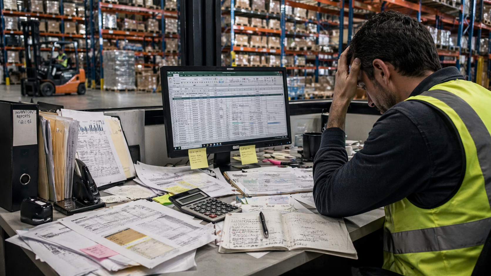 Frustrated warehouse supervisor buried in spreadsheets, paper inventory reports, and manual notes — operations running but complexity visible