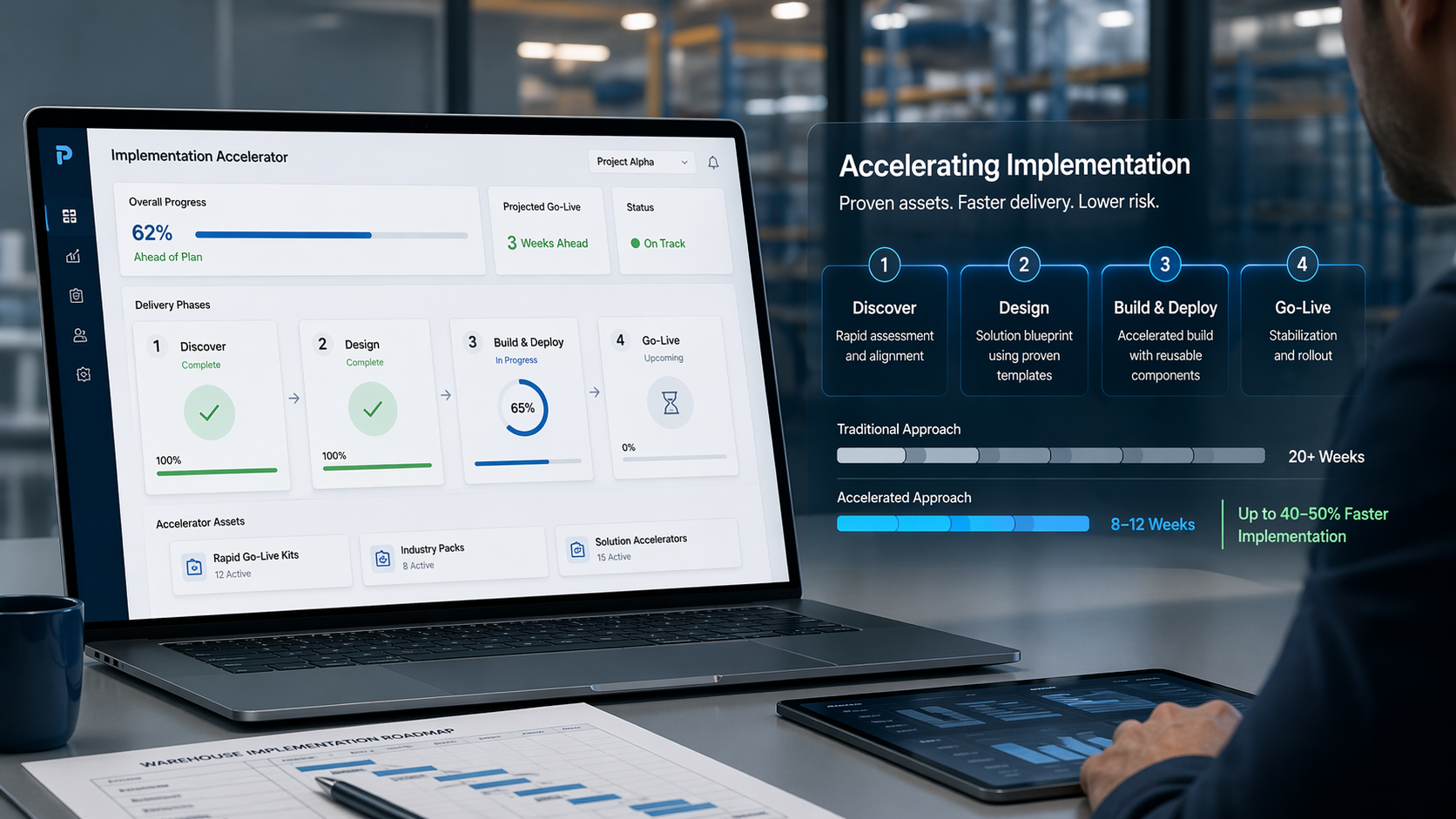 SmartAcceleration: Implementation Accelerator dashboard with Discover → Design → Build & Deploy → Go-Live phases and 40–50% faster implementation