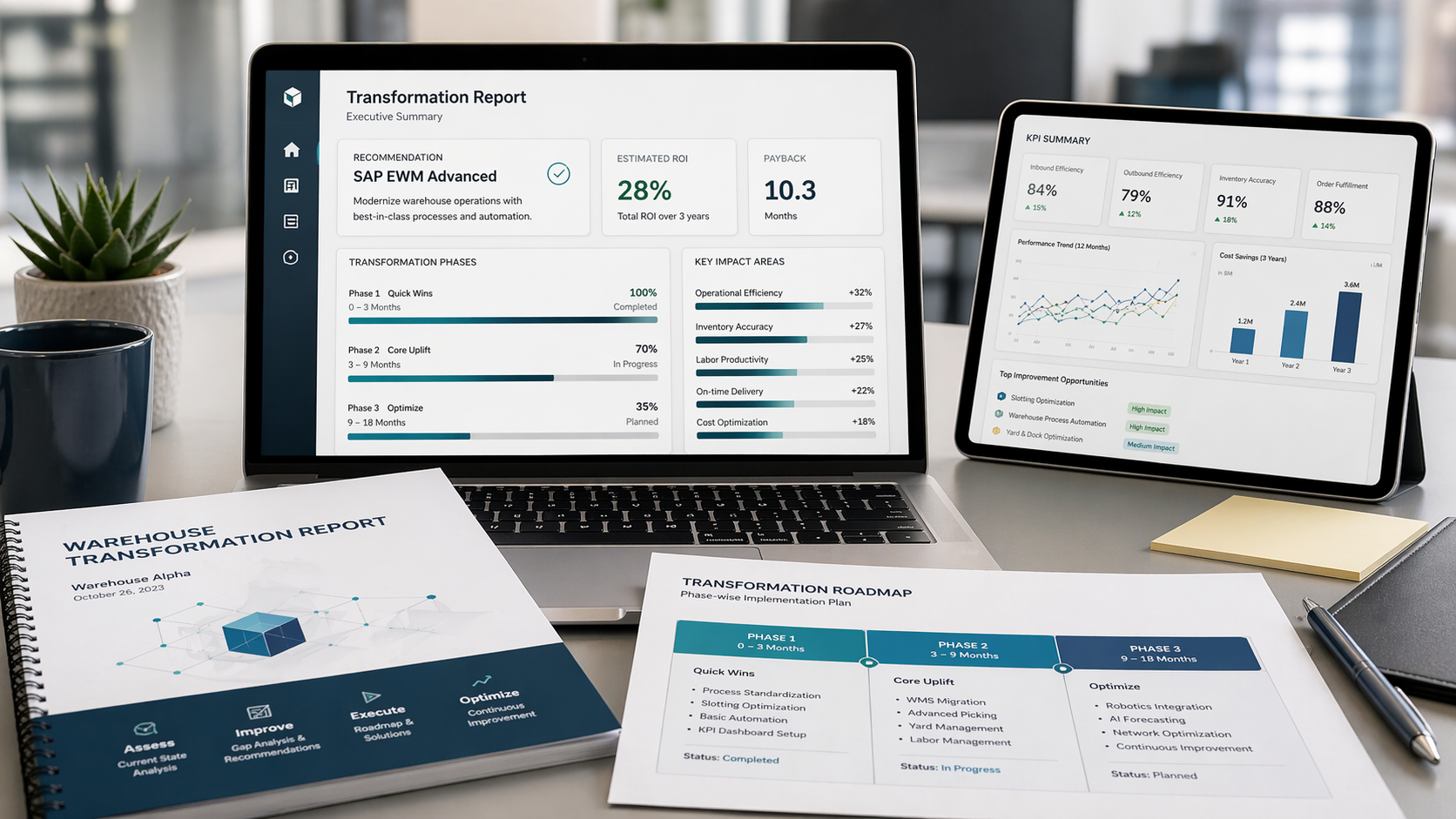 WarehouseX deliverables on a desk: Transformation Report dashboard on laptop, KPI Summary on tablet, printed Warehouse Transformation Report and Transformation Roadmap