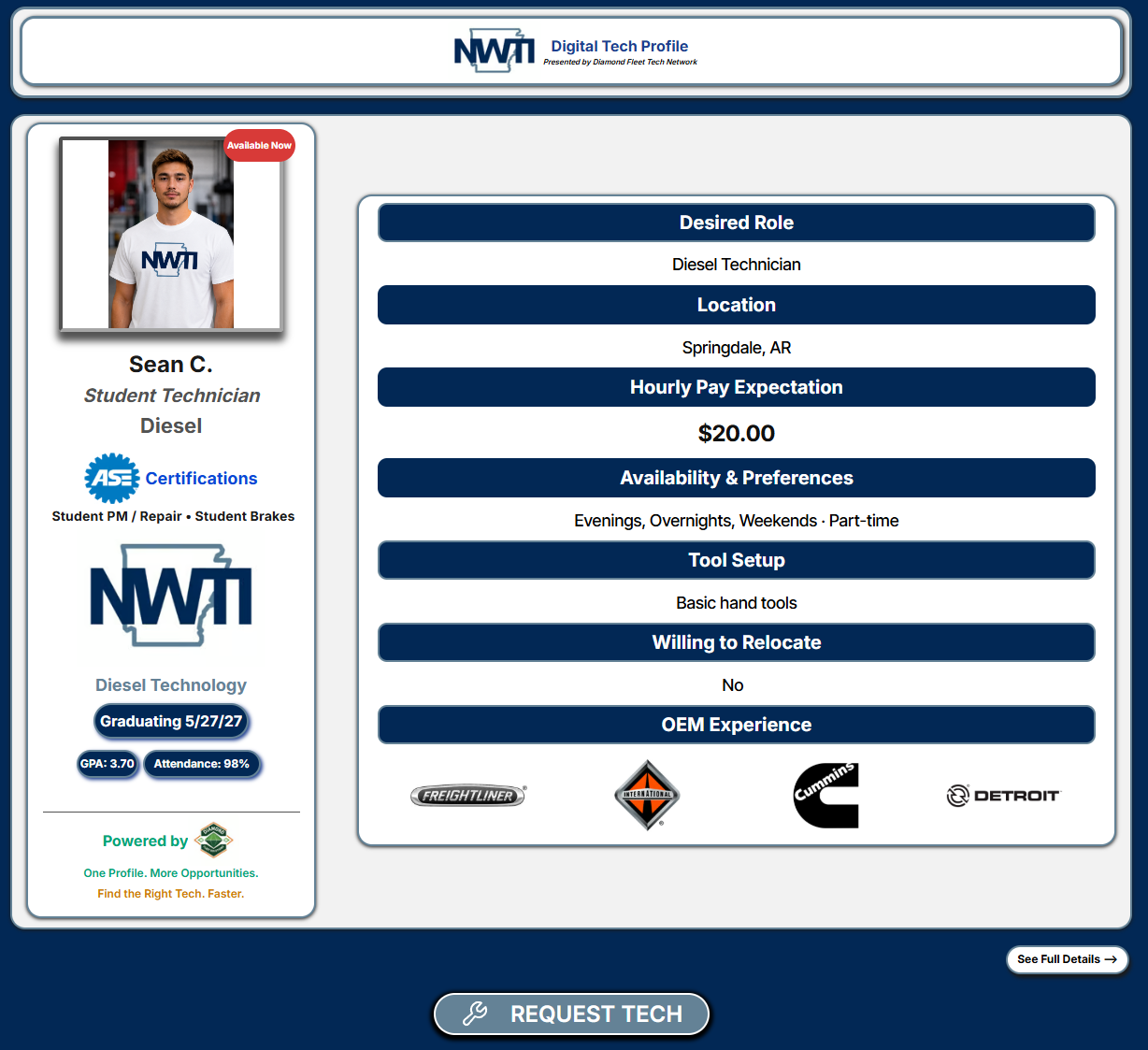 Sean C. — Diesel Student, Northwest Technical Institute — Premium NWTI school-branded Digital Technician Profile