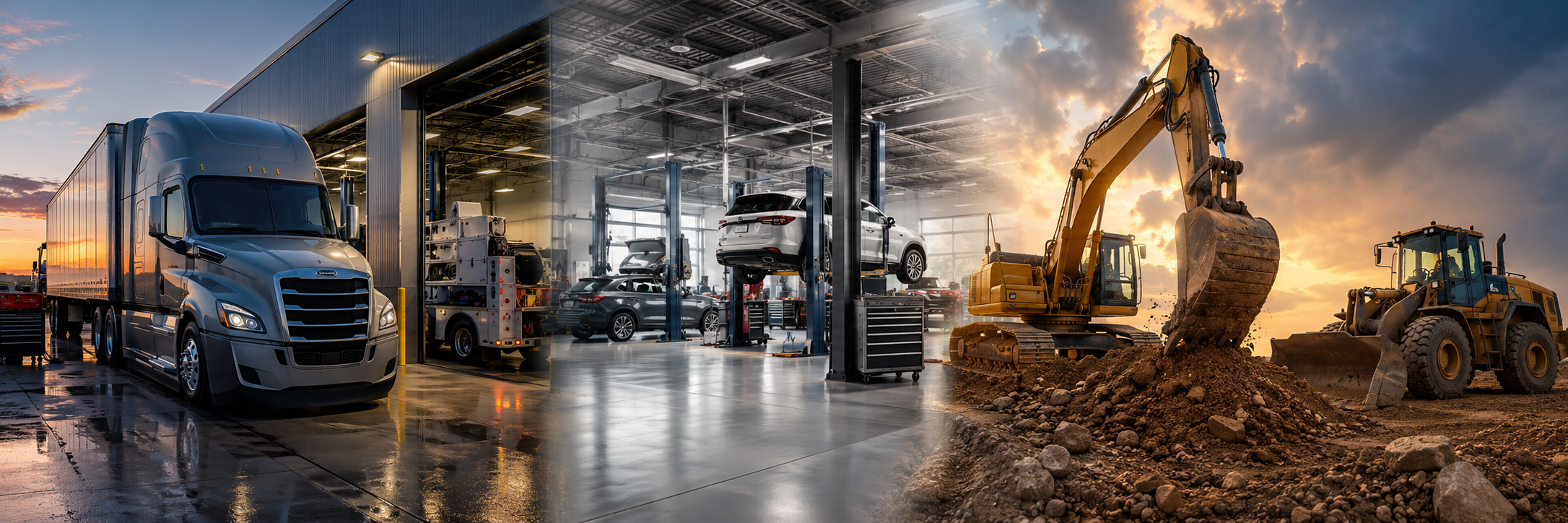 Diesel trucks, automotive shop, and heavy equipment fleet collage