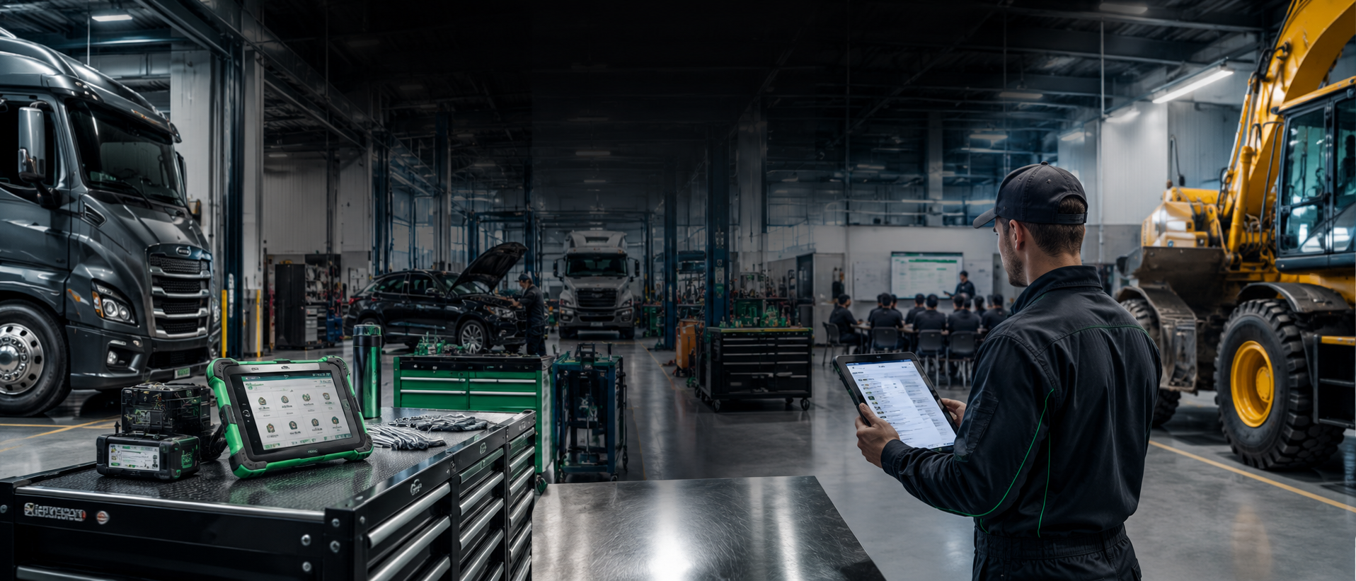 Technician reviewing a Digital Technician Profile on a tablet in a diesel, automotive, and heavy-equipment shop