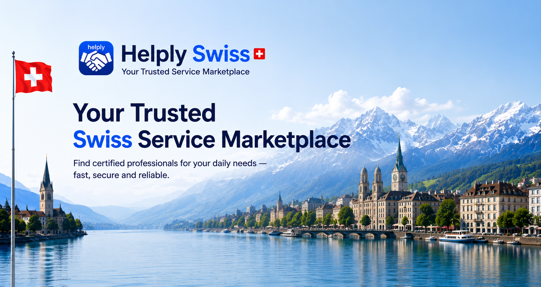 Swiss Alps skyline with the Helply Swiss logo — your trusted Swiss service marketplace