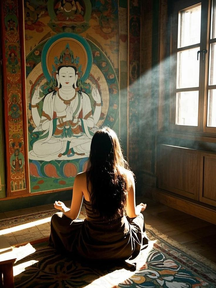 Meditazione in ashram con dipinto buddista e luce soffusa