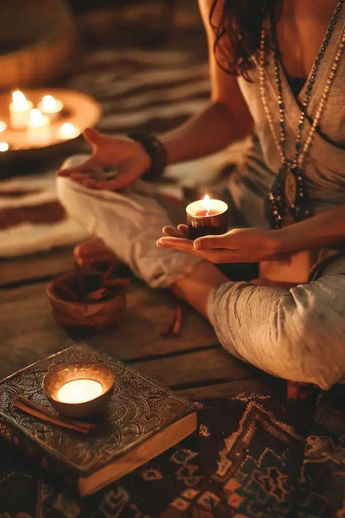 Meditazione con candele e incenso in penombra