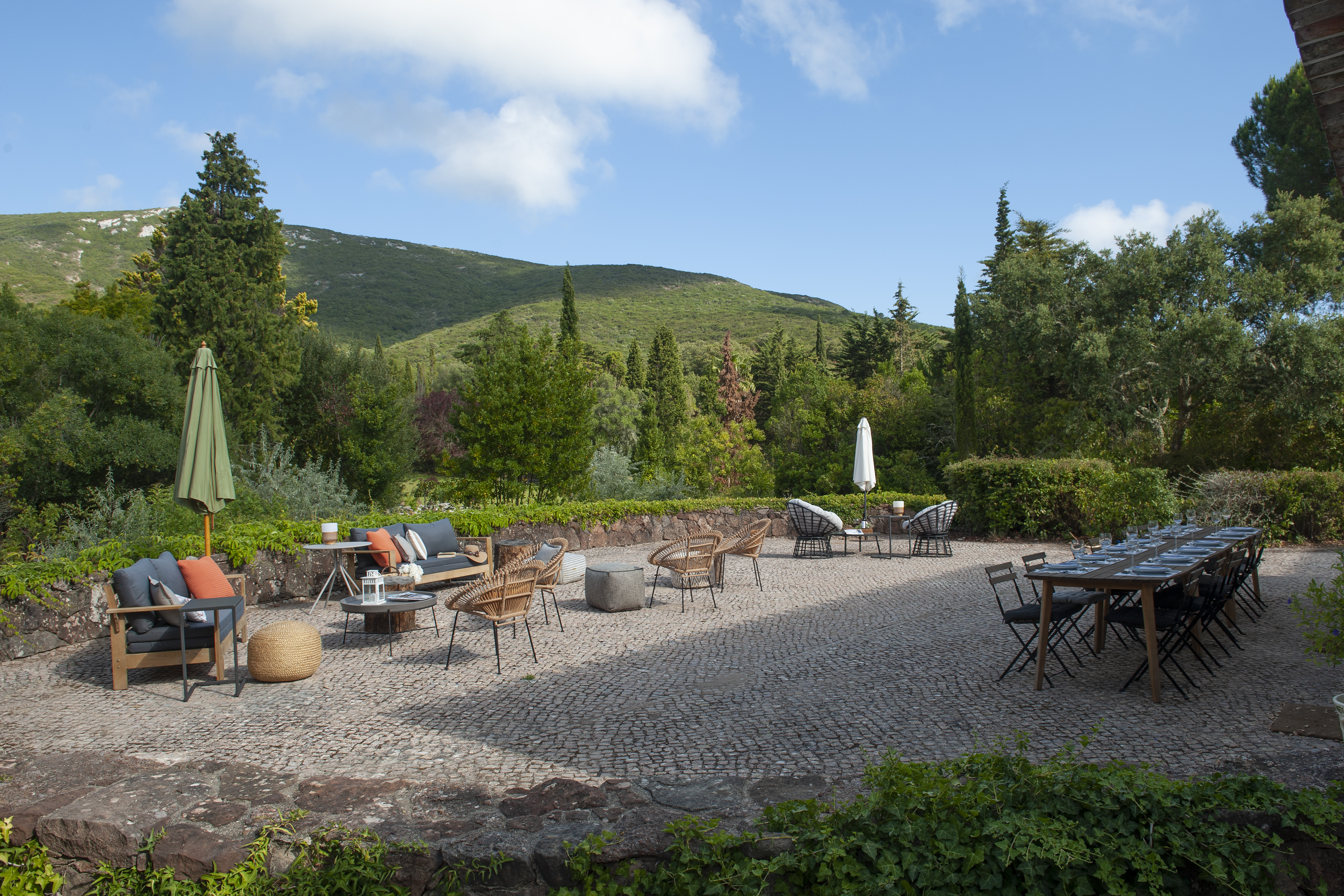 Manor house outdoor terrace with mountain views