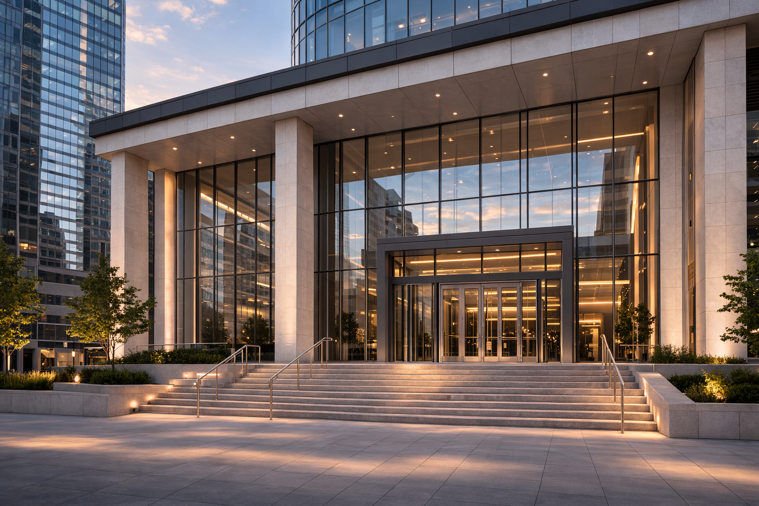 Modern professional building entrance with glass facade and elegant steps
