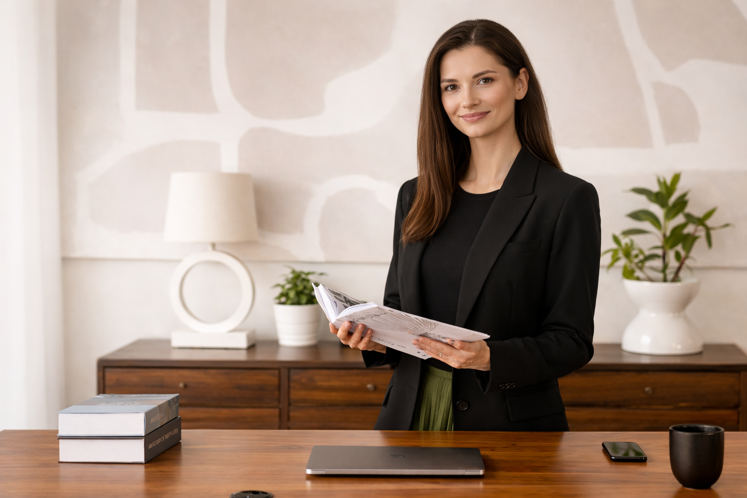 Professional woman reviewing legal documents at desk