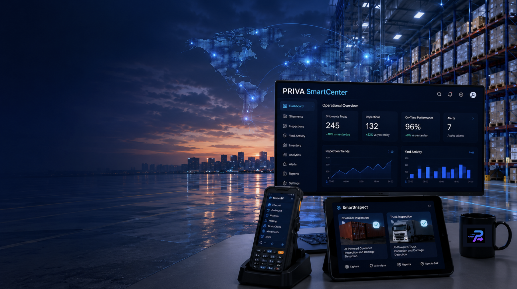 PrimeS4 AI Enterprise Apps — SmartCenter operational dashboard, SmartRF handheld and SmartInspect tablet in a connected warehouse