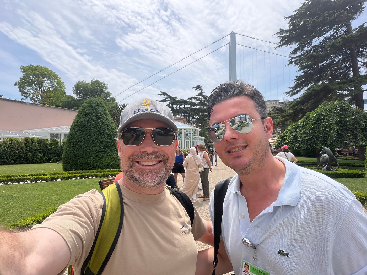 Tour guests at Küçüksu Pavilion with Bosphorus Bridge, Istanbul 2026