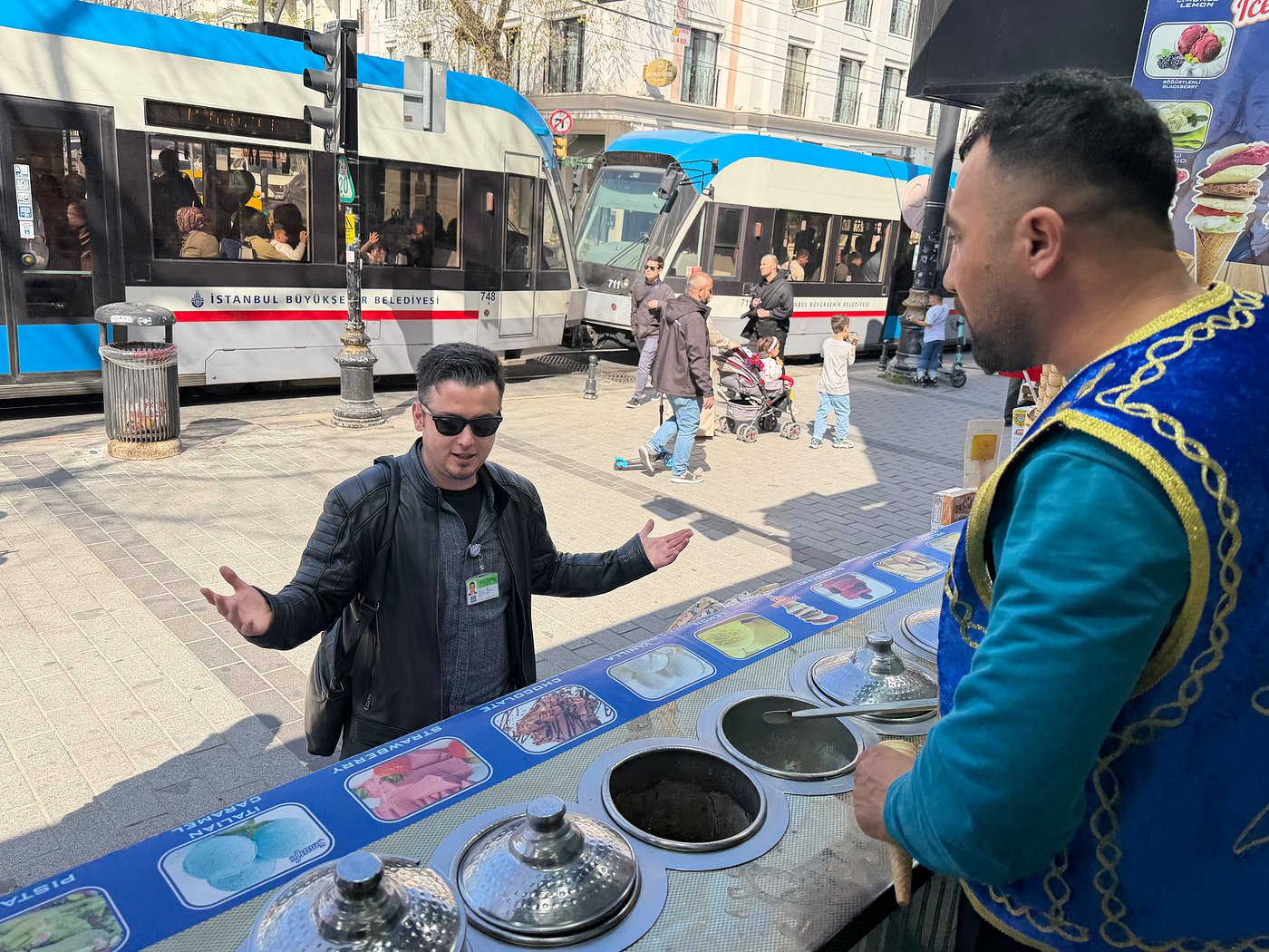 Guest enjoying Turkish ice cream near Sultanahmet tram, Istanbul 2026