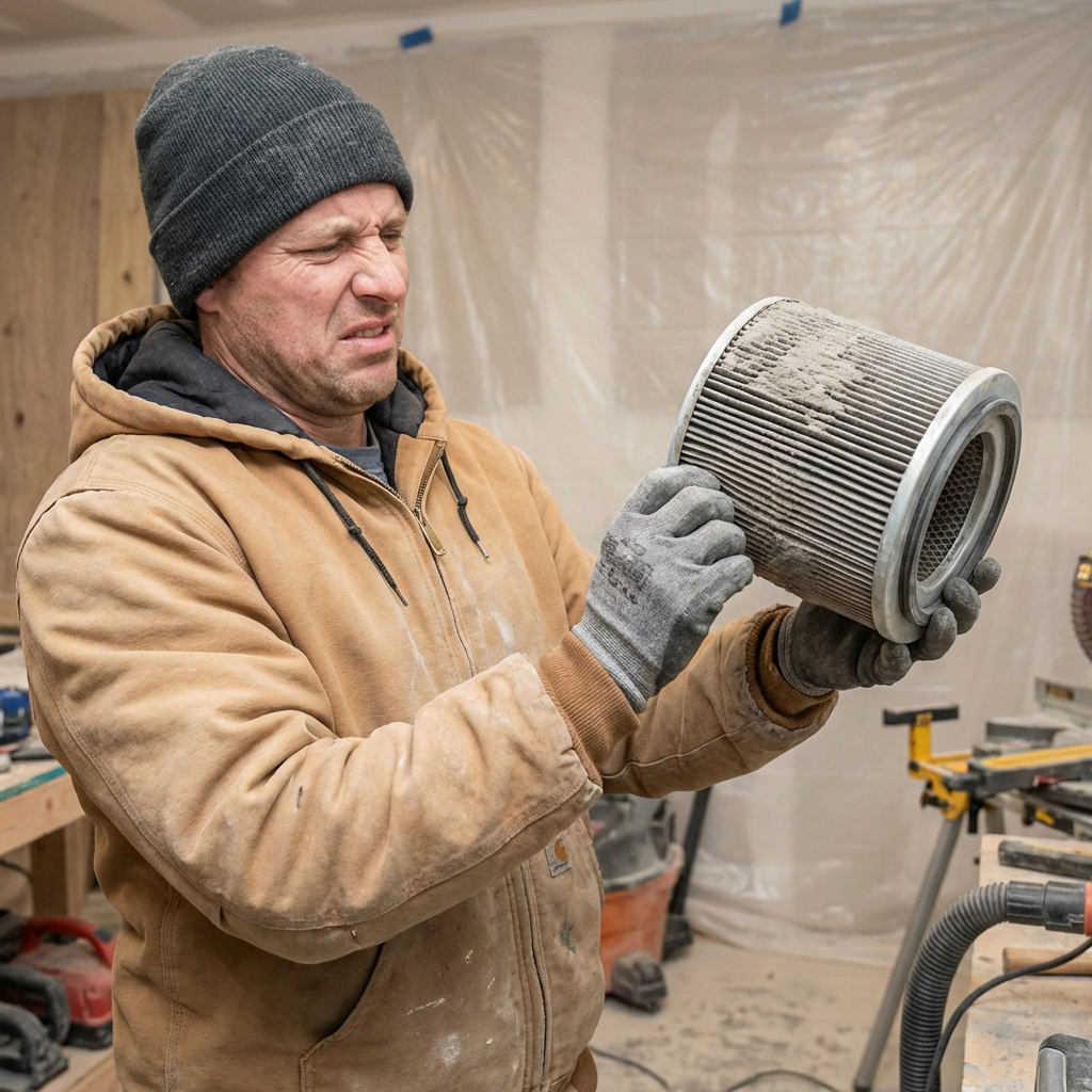 Real contractor in Carhartt holding a dust-caked, clogged shop-vac filter — what running bagless does to your wet/dry vac filter