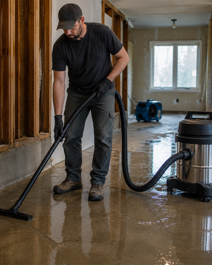 Contractor using a wet/dry vac to clean up water and slurry on a flooded basement floor