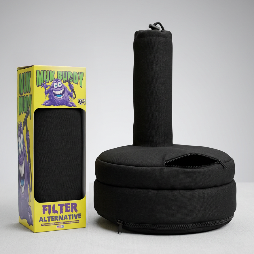 Muk Buddy reusable wet/dry vac bag with retail packaging — patented 2-chamber filter alternative to disposable shop vac bags
