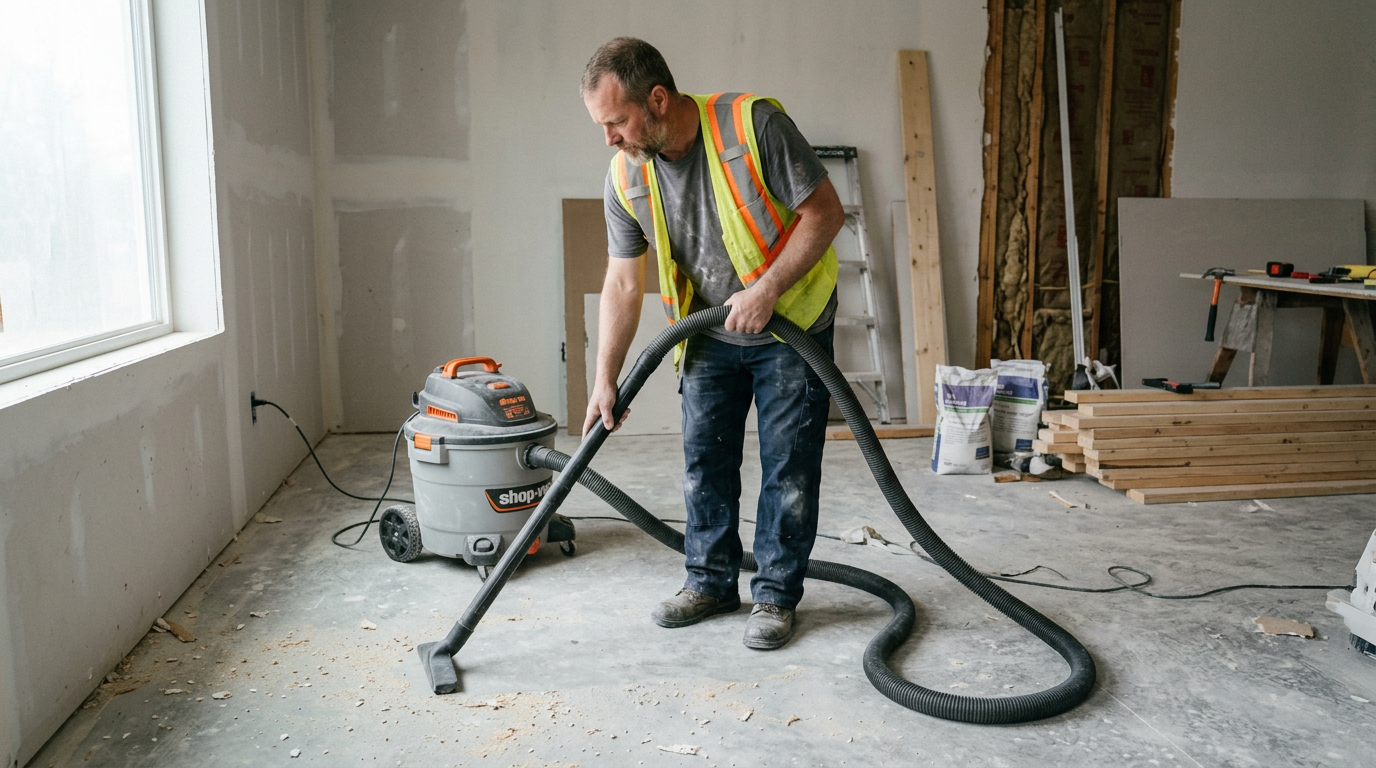 Standard wet/dry vacuum being used by a contractor with Muk Buddy reusable bag installed