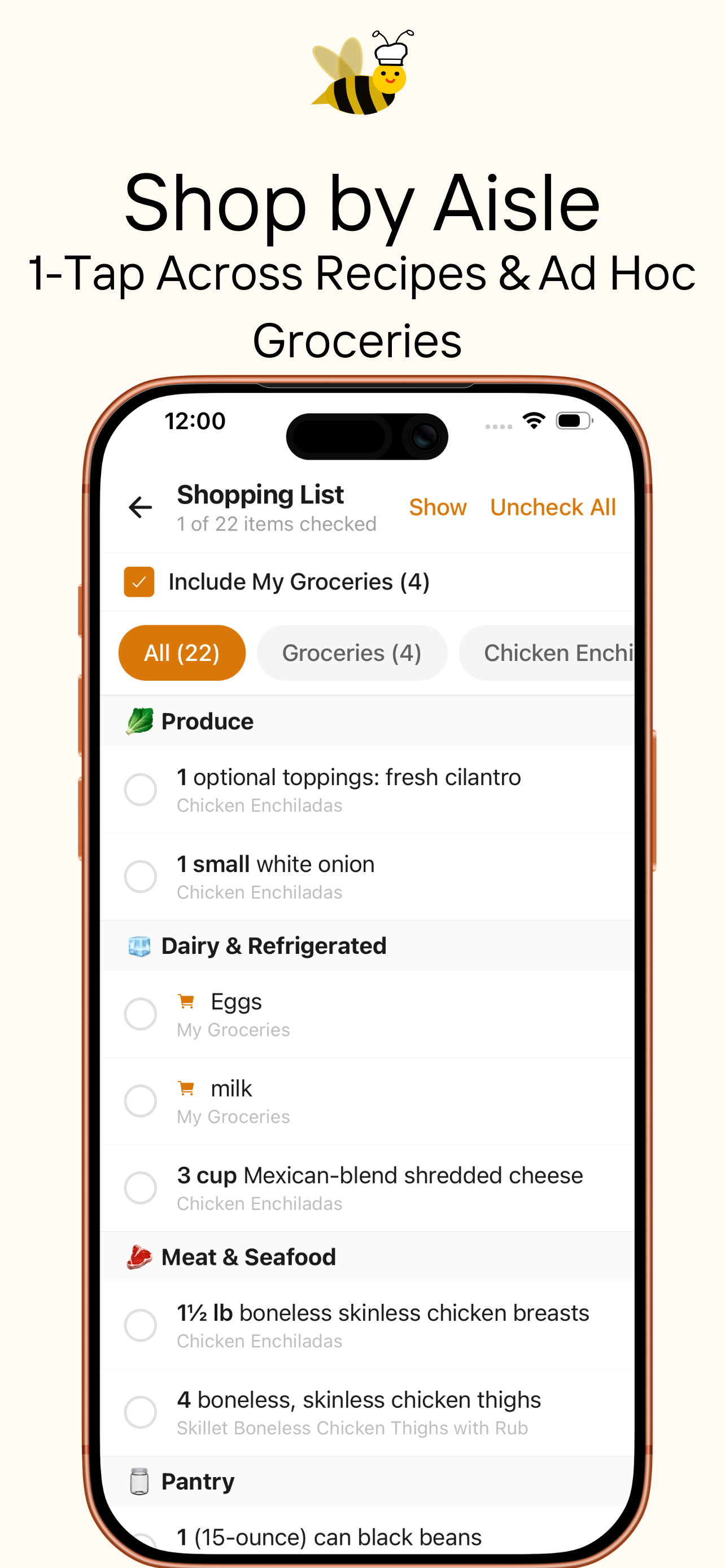 Shop by Aisle - 1-Tap across recipes and ad hoc groceries