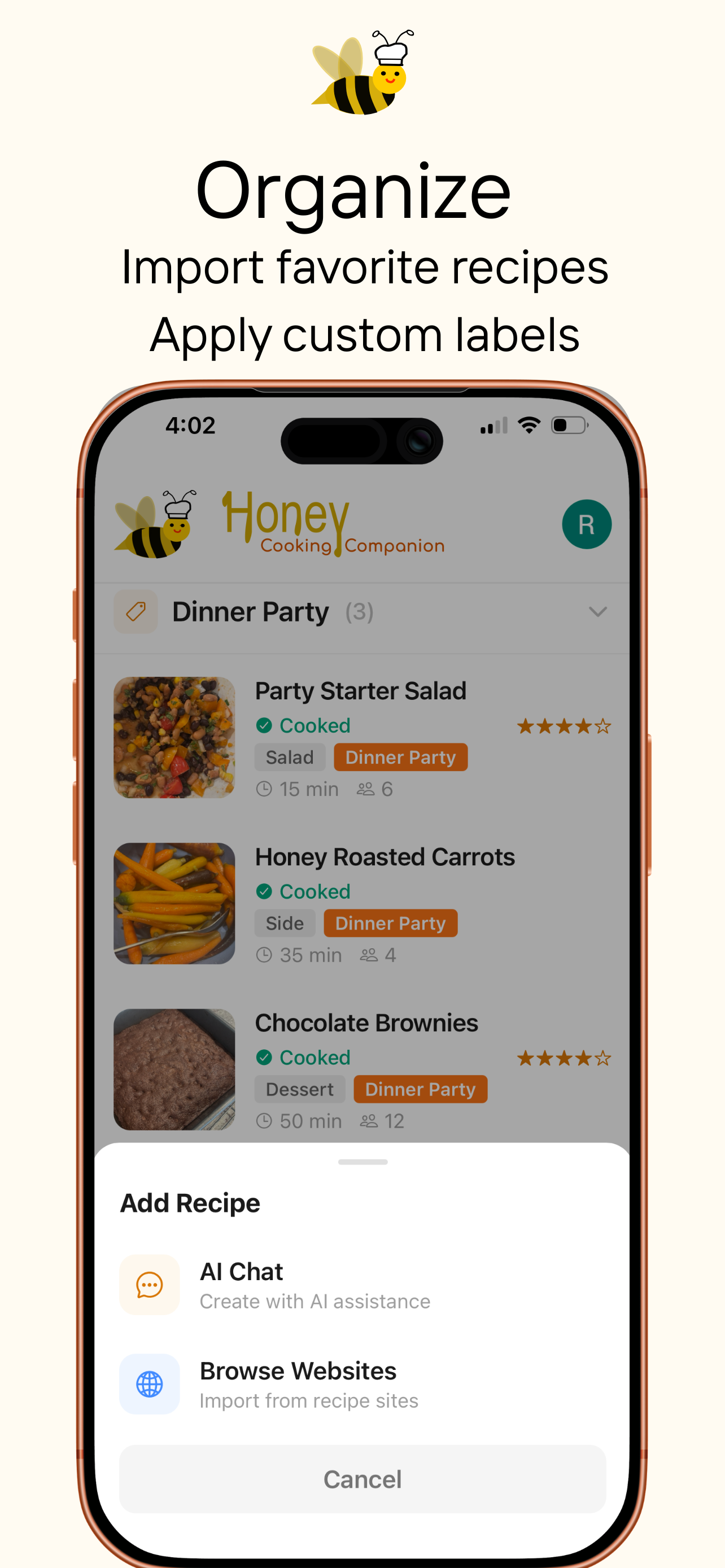 Organize - Import recipes and apply custom labels