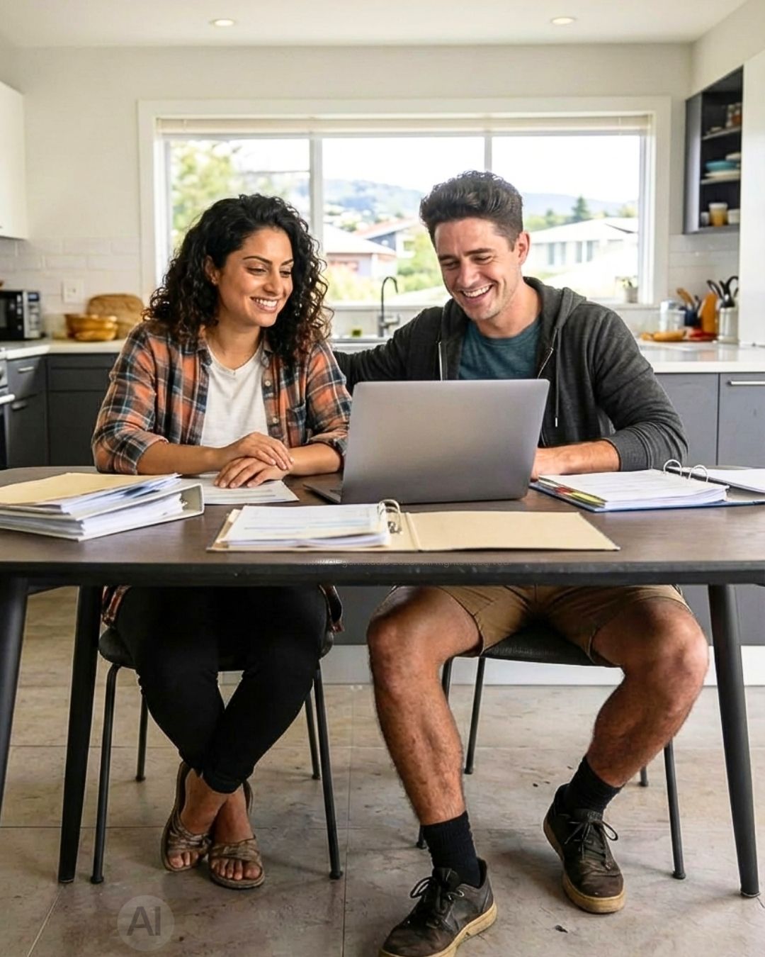 Couple happily planning mortgage on laptop