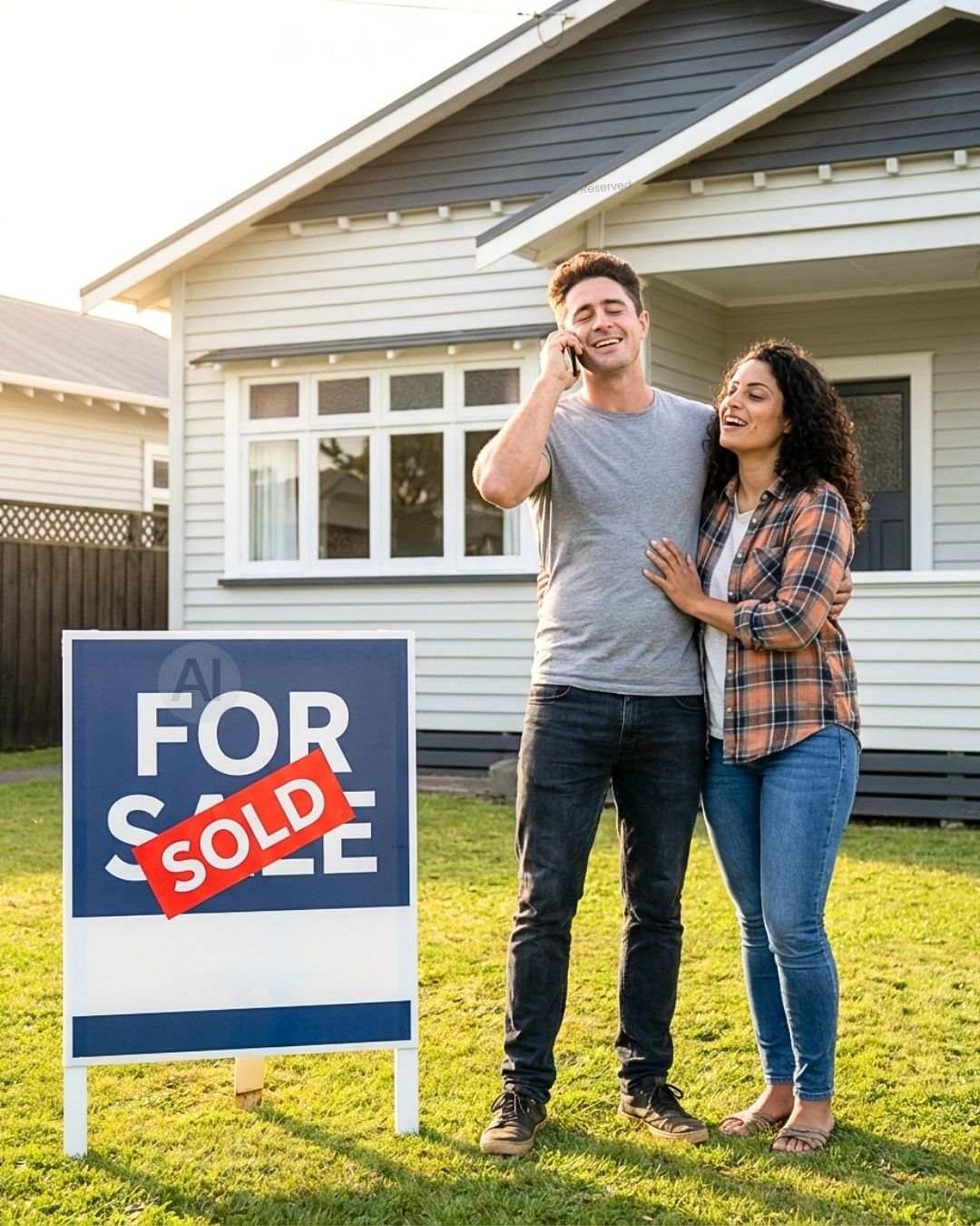 Couple celebrating home purchase — SOLD sign