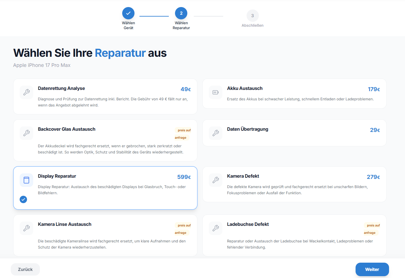 Reparatur wählen
