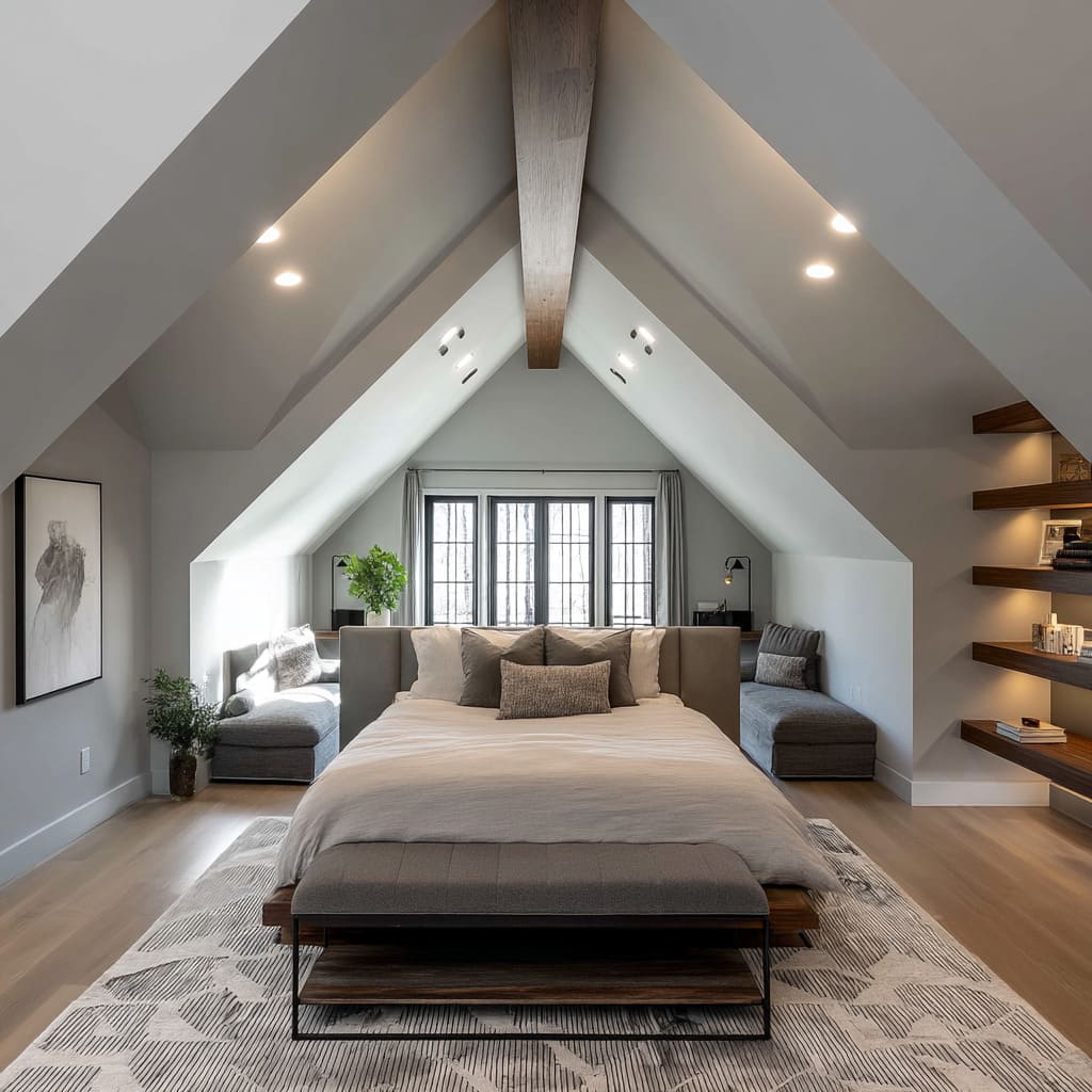 Moderne zolderslaapkamer met schuine wanden en houten balken - zolder verbouwen Zuid-Holland