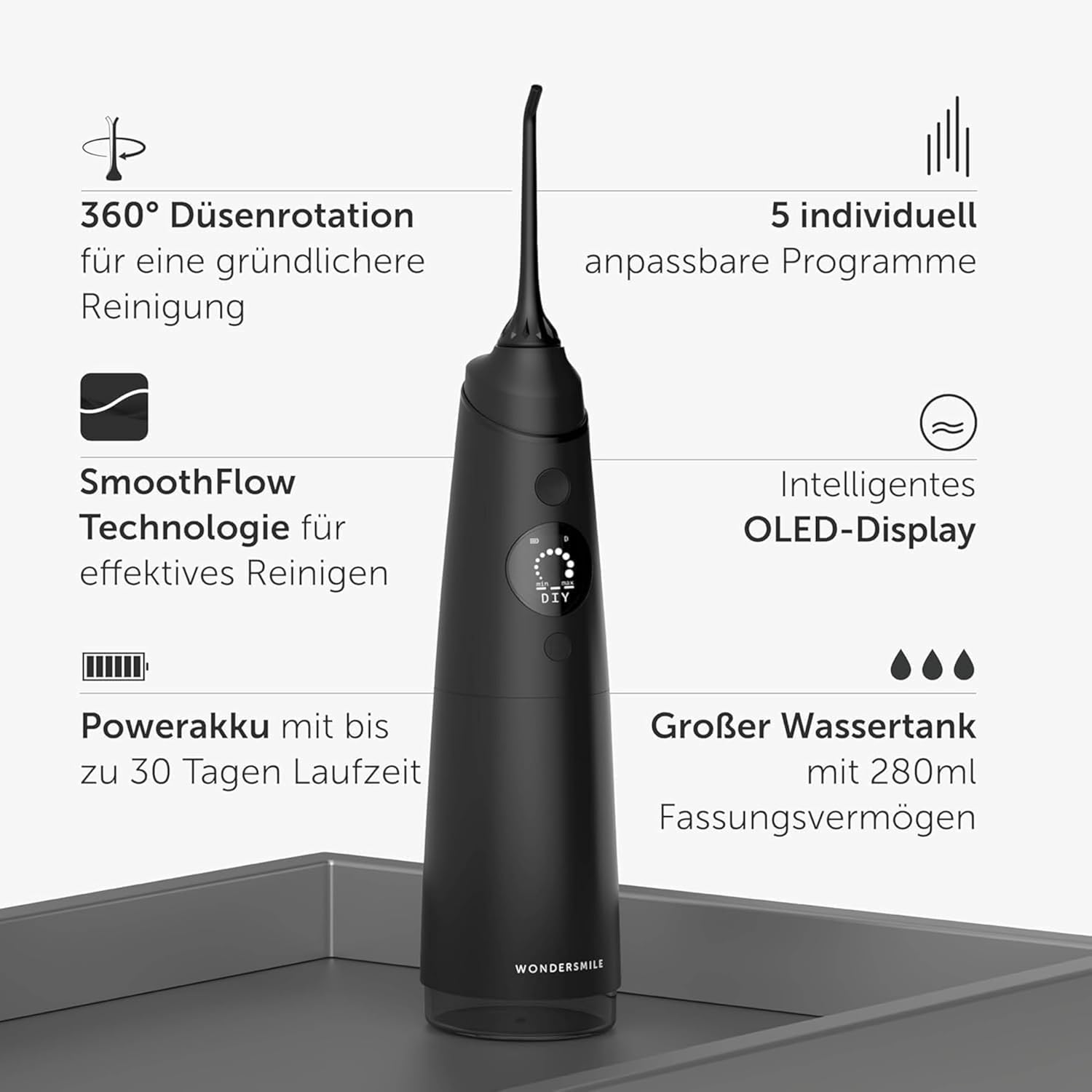 Wondersmile Munddusche mit 360° Düsenrotation und SmoothFlow Technologie