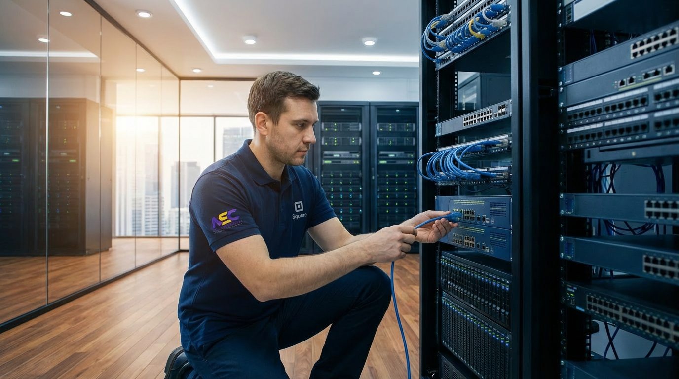 MSC Square technician performing on-site network and POS installation