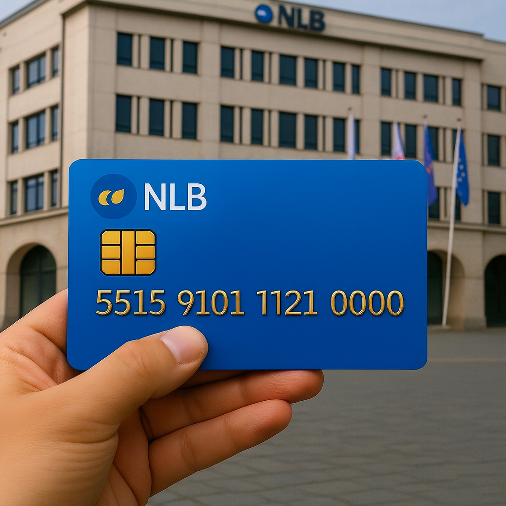 Blue card in front of building