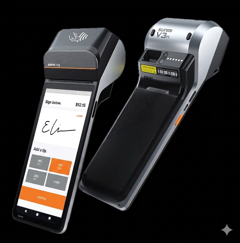 Sunmi V3H handheld Android smart POS terminal showing tip selection and signature screen