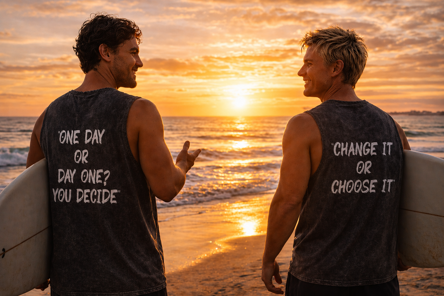 Two surfers wearing 3T tanks at sunset beach
