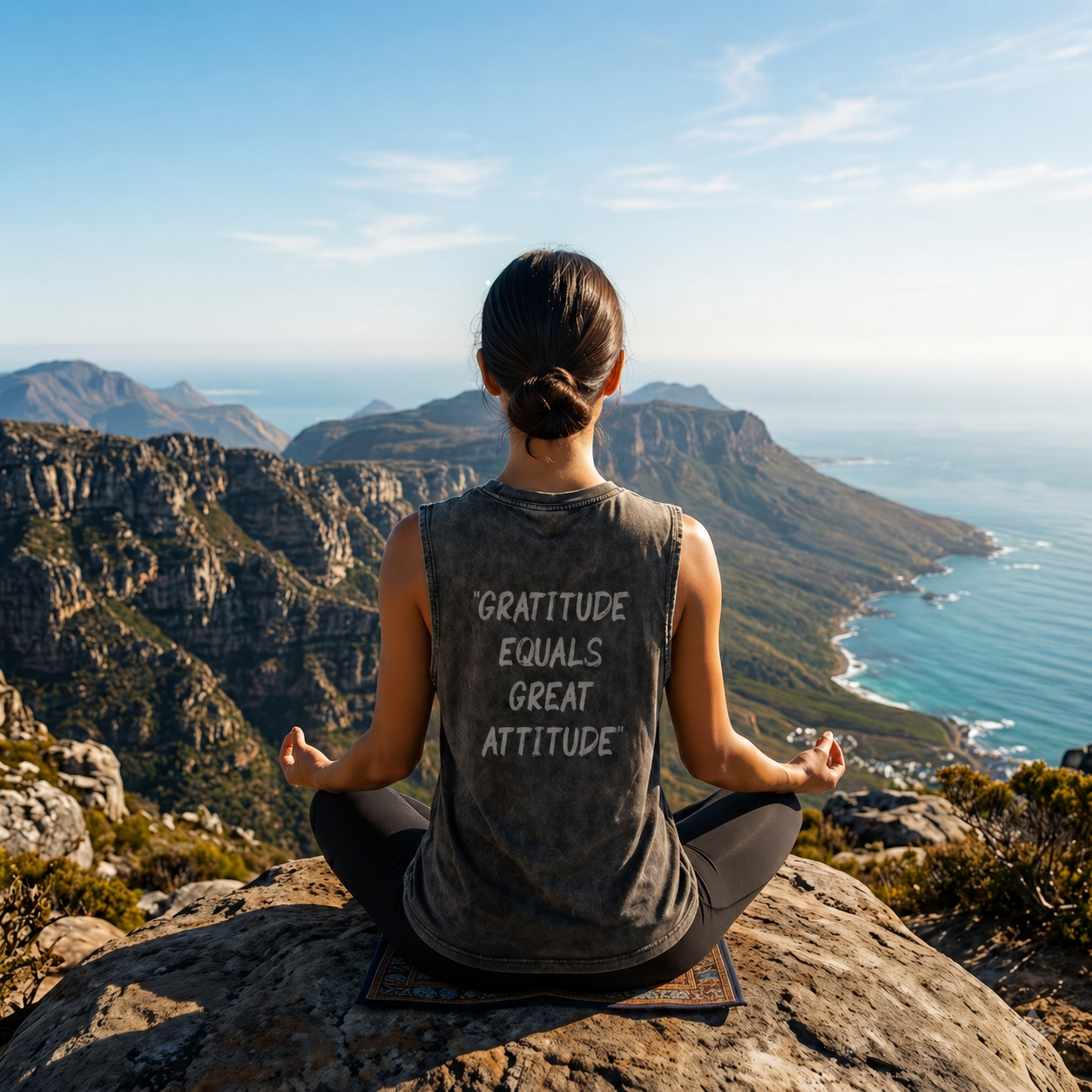 Woman meditating with 3T tank on mountain top