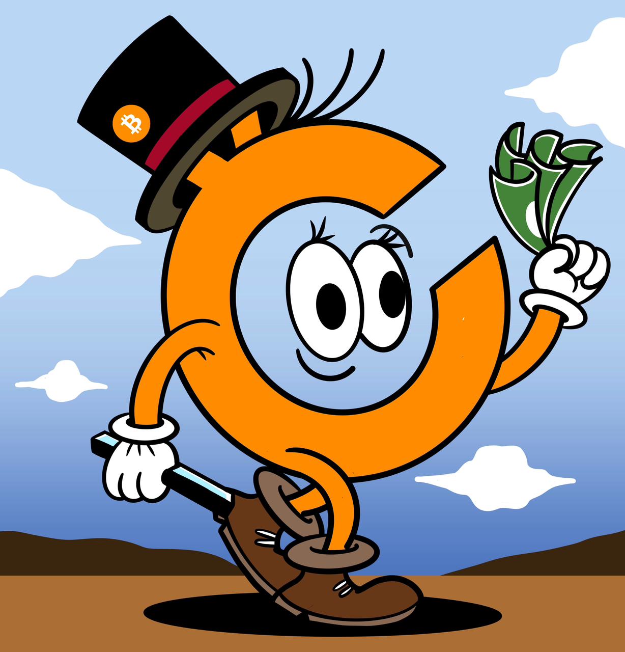 CryptoCash mascot — orange C character with bitcoin hat and cash