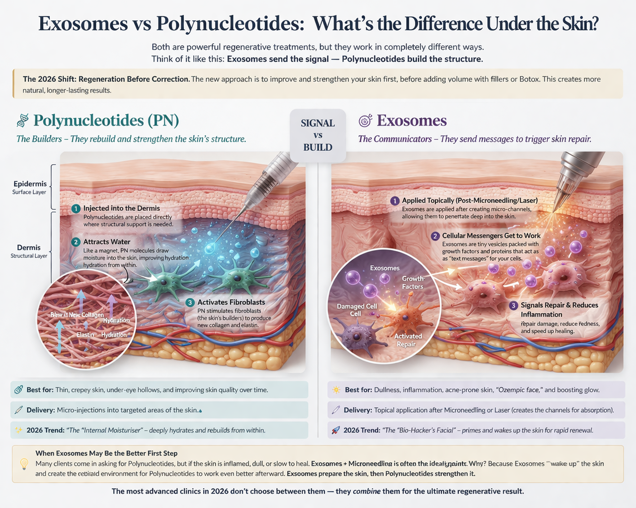 Exosomes vs polynucleotides skin regeneration comparison infographic showing how exosomes signal repair while polynucleotides rebuild structure