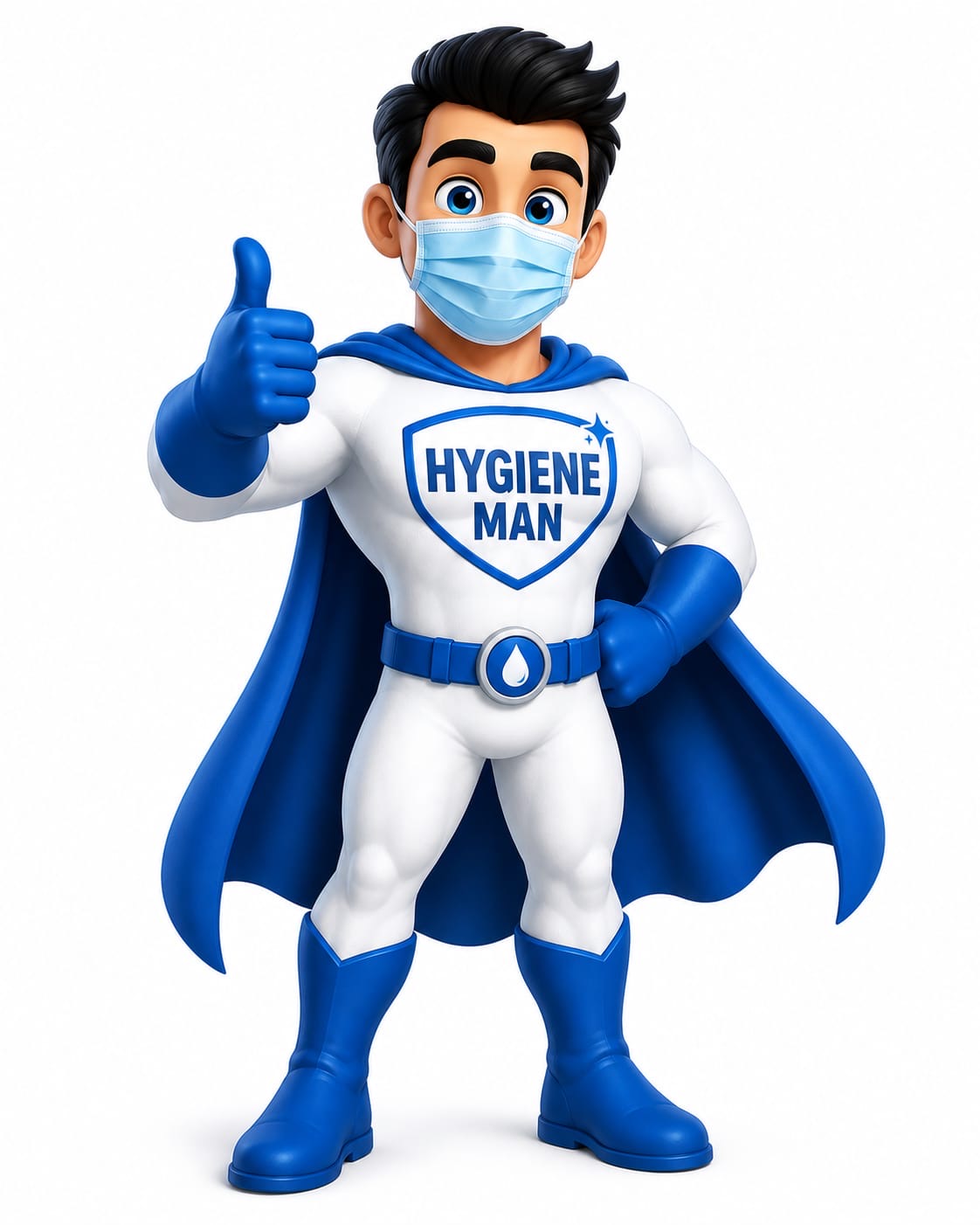 The Hygiene Man mascot — a friendly superhero with mask, cape and shield