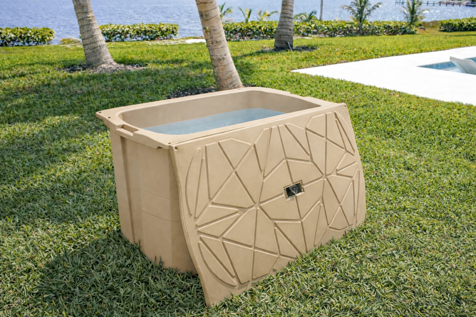Frozin 400 cold plunge tub in Tan filled with water