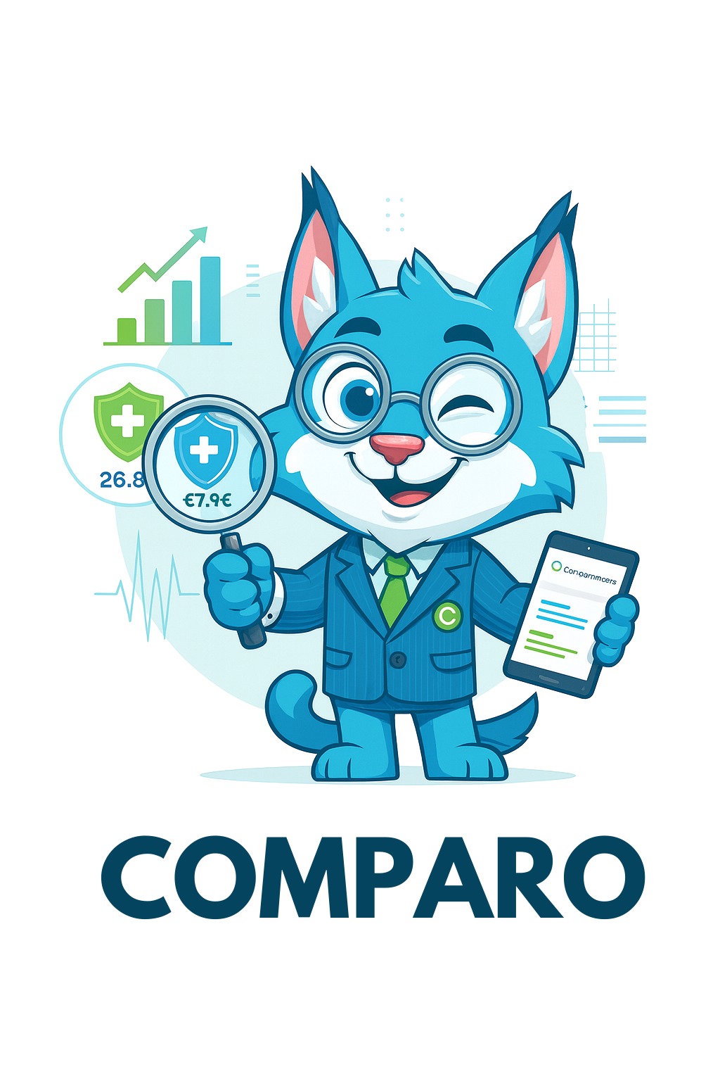 COMPARO - Votre mascotte expert ComparezAssurez, le chat bleu professionnel qui compare et trouve les meilleures assurances