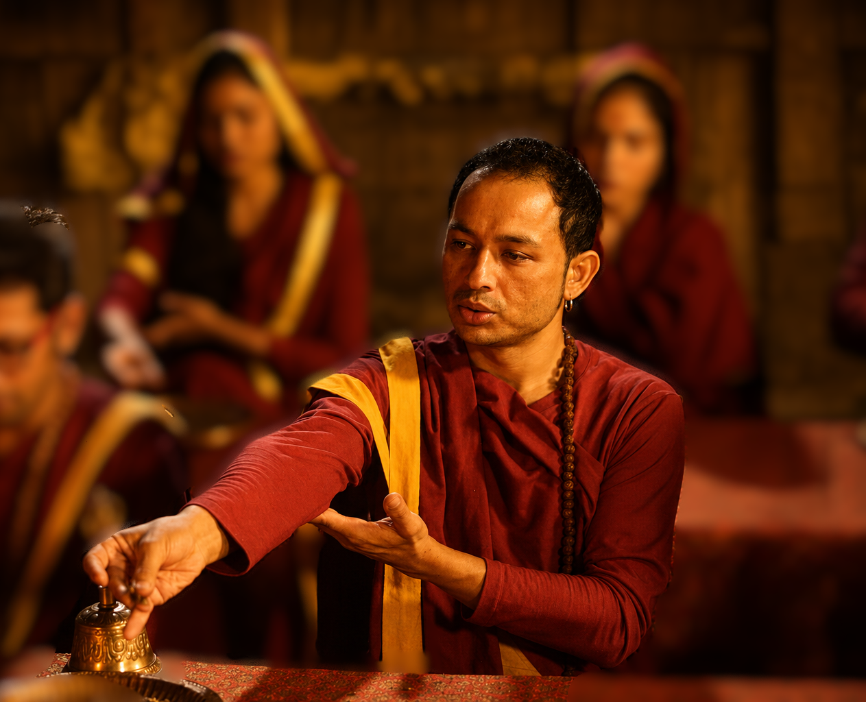 Ritual ceremony with bell and incense