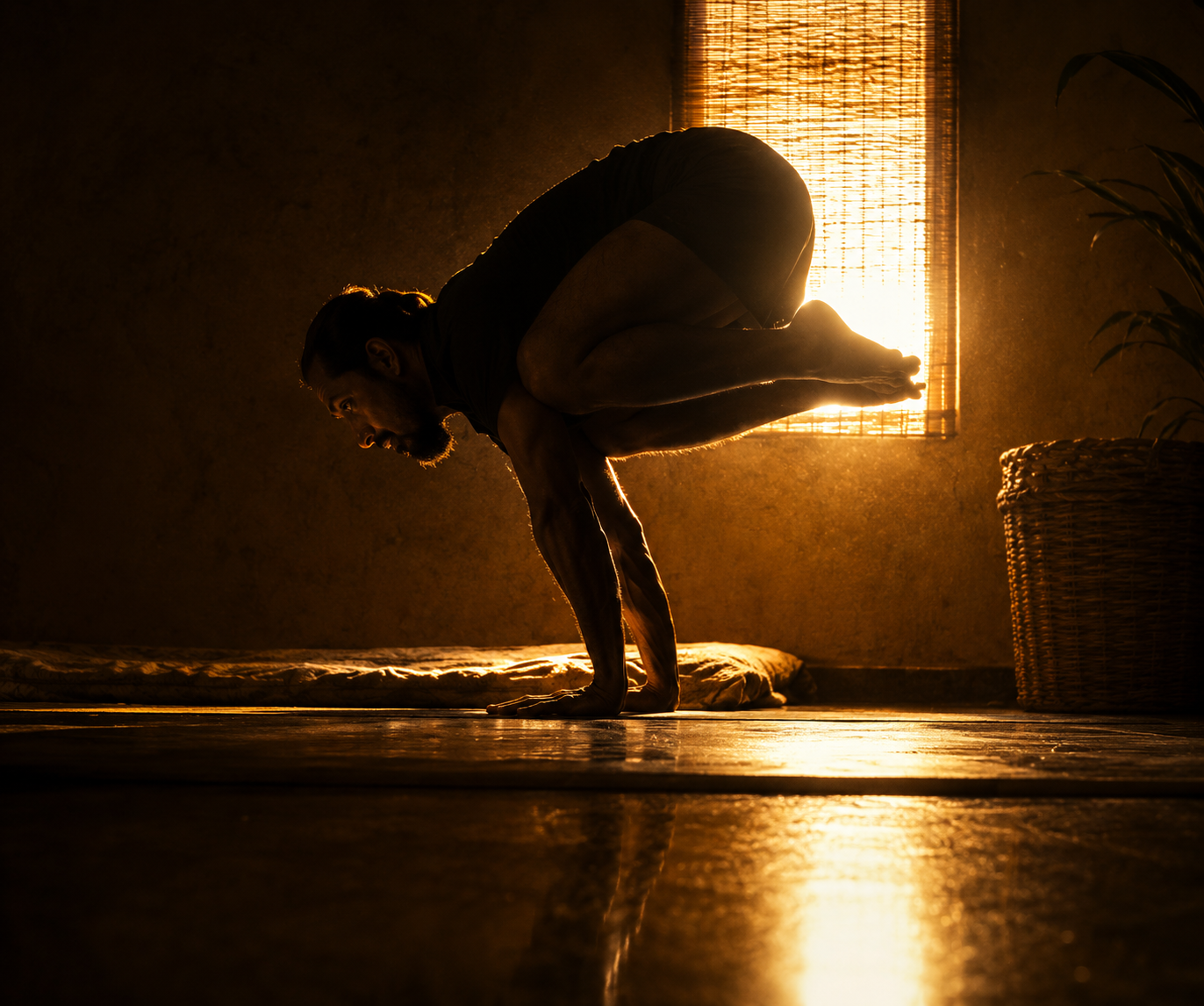 Crow pose silhouette by the window