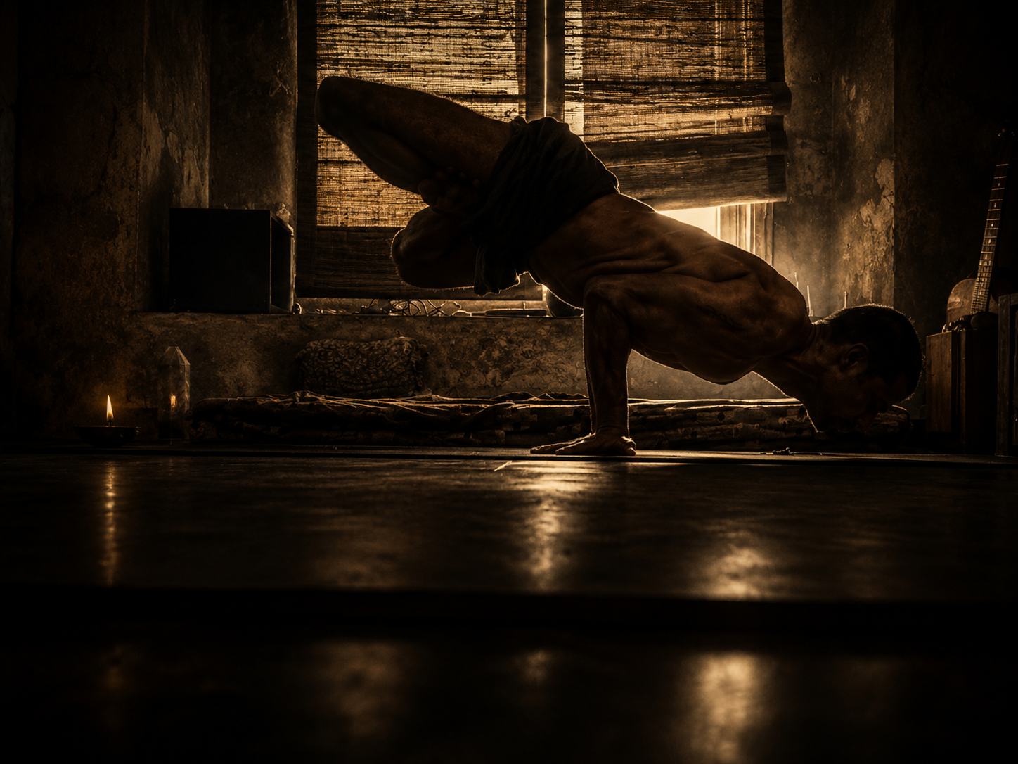 Arm-balance silhouette at the window
