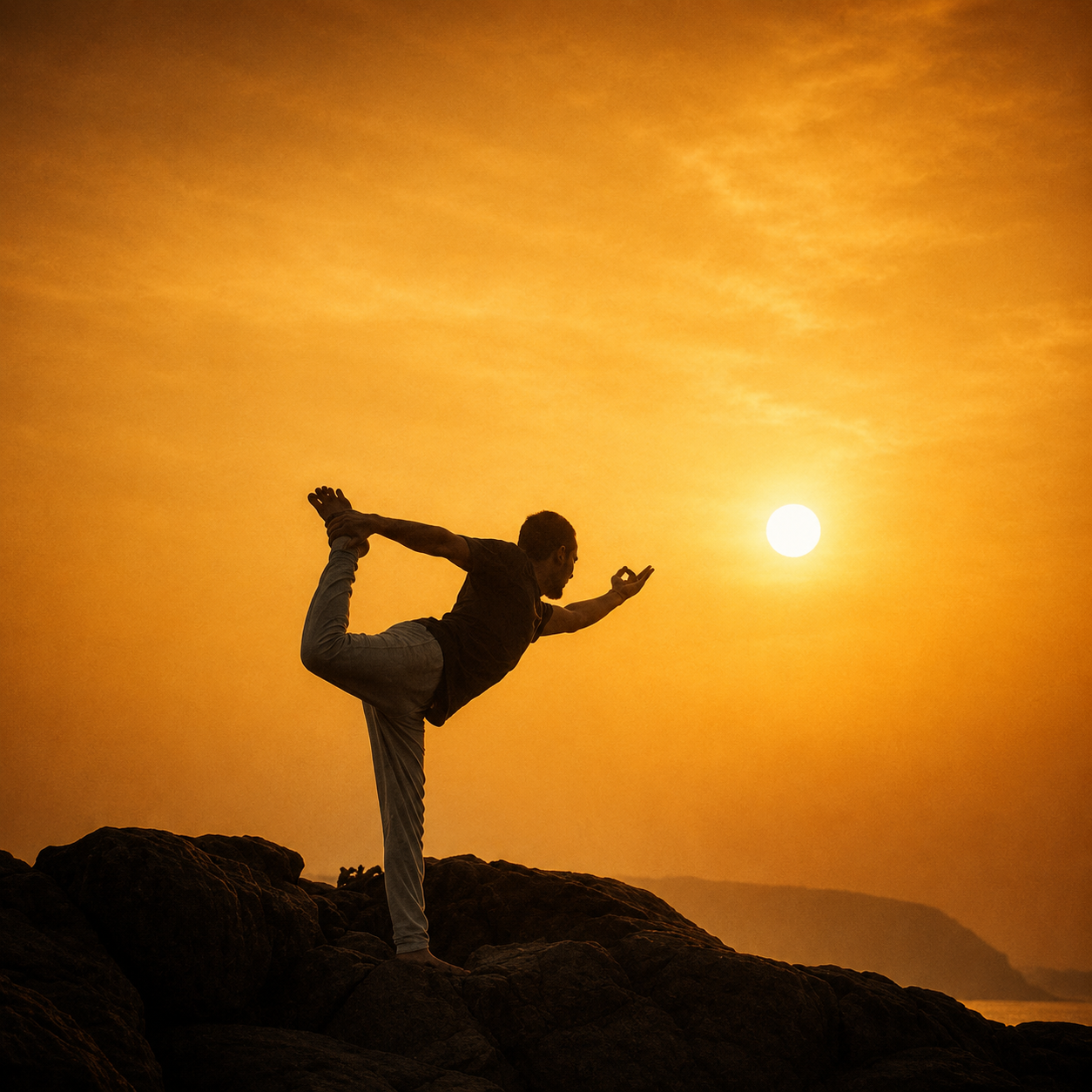 Dancer pose at sunset over the sea