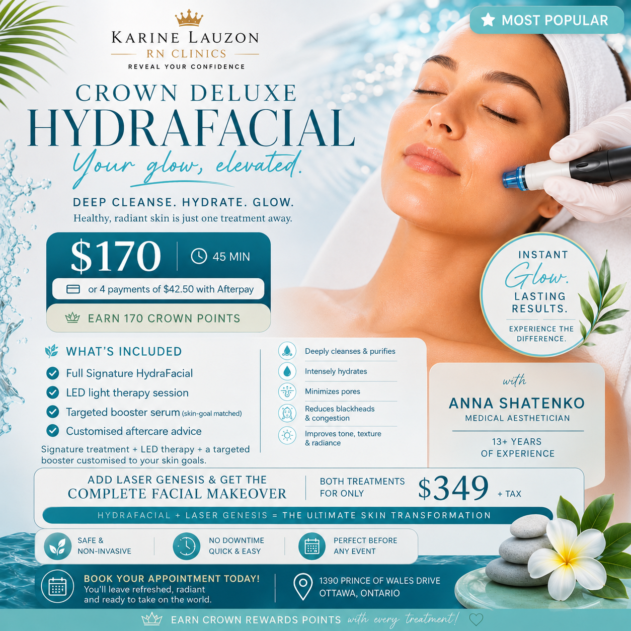 Crown Deluxe HydraFacial — $170 · 45 min · with a Medical Aesthetician. Signature HydraFacial + LED light therapy + targeted booster serum. Add Laser Genesis for $349 (both treatments). Earn 170 Crown Points. 1390 Prince of Wales Drive, Ottawa.